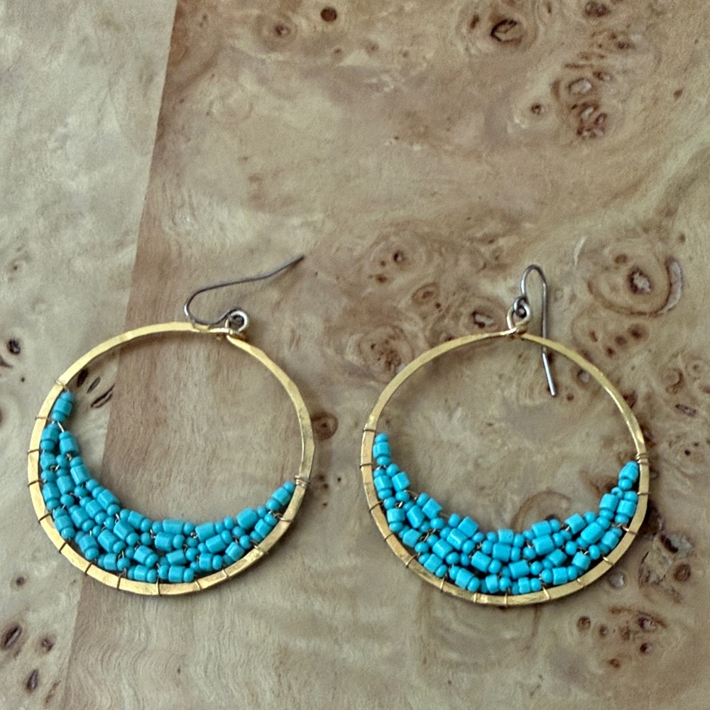 Gold and Turquoise Beaded Hoop Earrings
